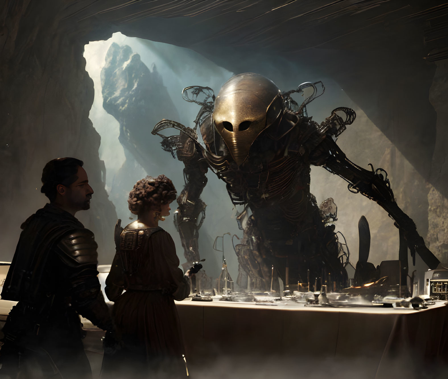 Two individuals confront a large robotic insectoid creature in a dim, cavernous environment