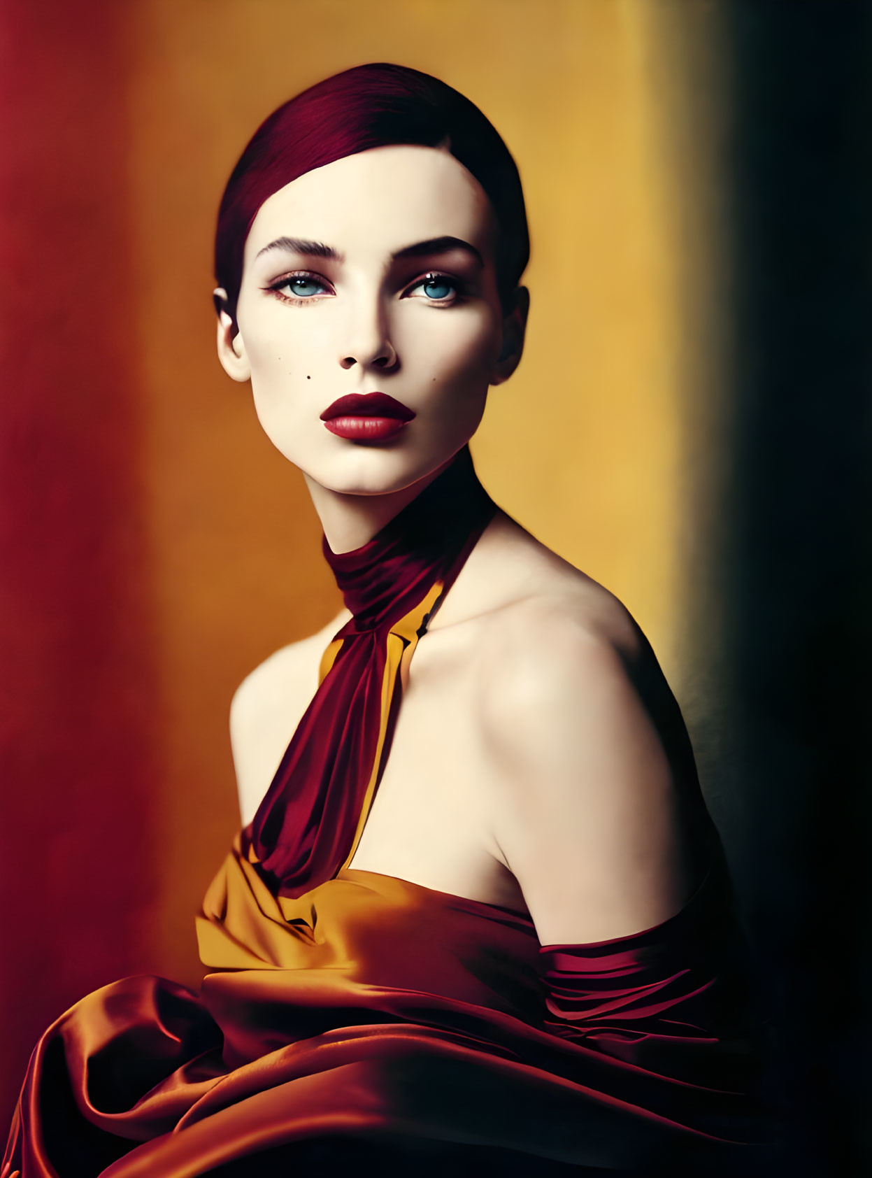 Sleek-Haired Woman in Ochre Satin Dress on Multicolored Background