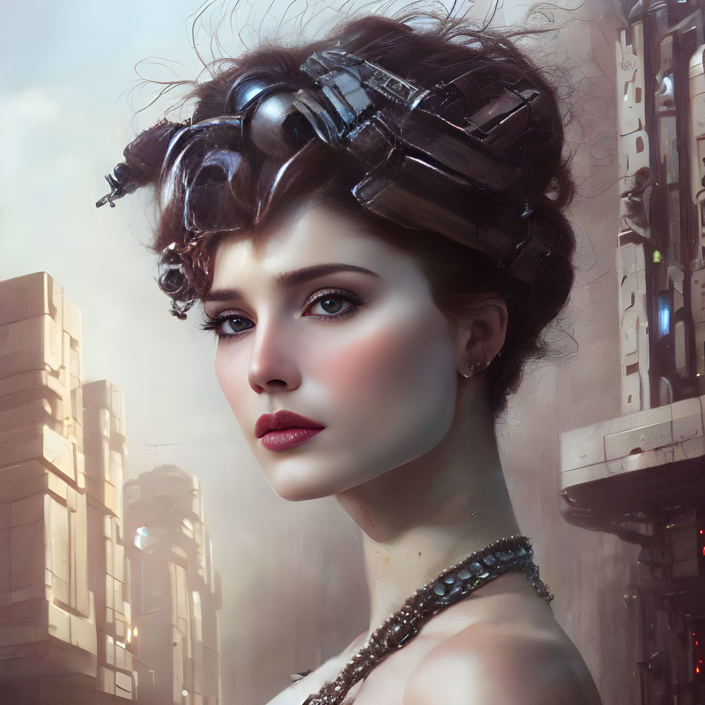 Futuristic digital artwork: Woman with cityscape and aircraft in voluminous hair