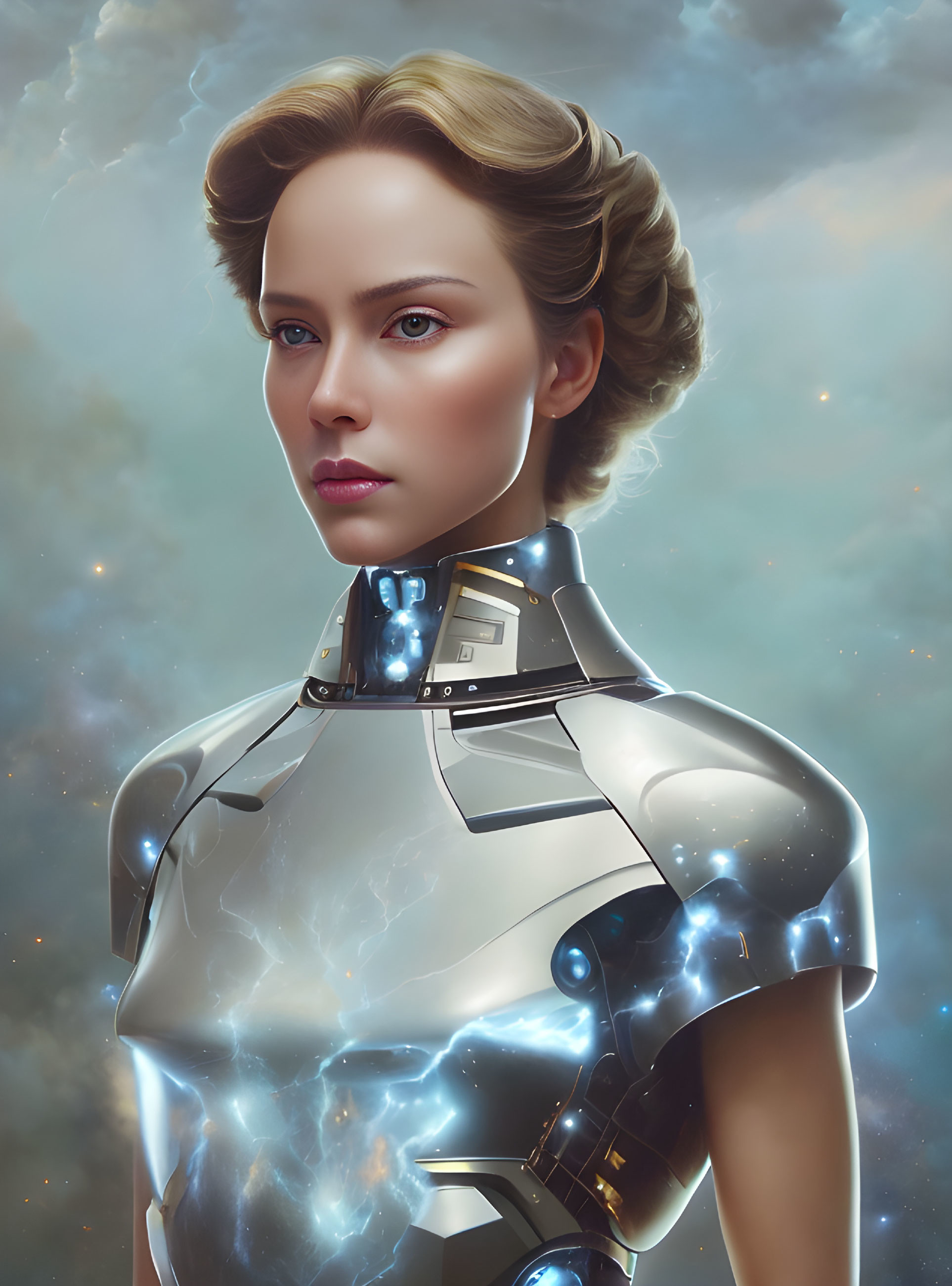 Female android in silver suit with glowing energy in cosmic setting