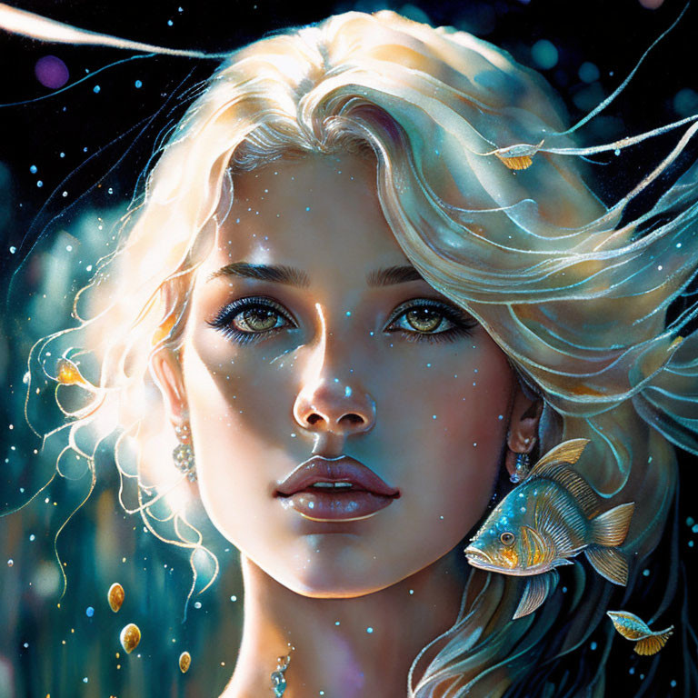 Digital artwork of woman with glowing skin, golden fish, dark starry background