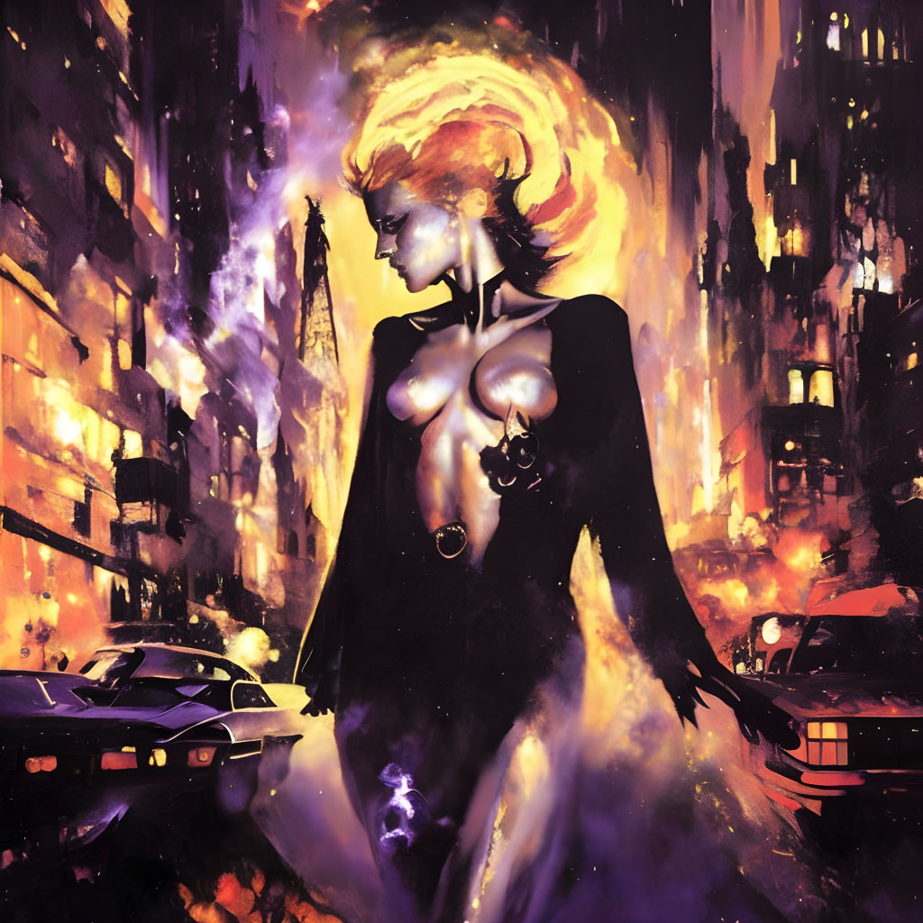 Stylized female figure in futuristic cityscape with fiery halo and gun