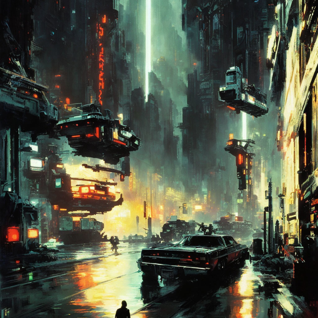 Futuristic night cityscape with neon signs and flying vehicles