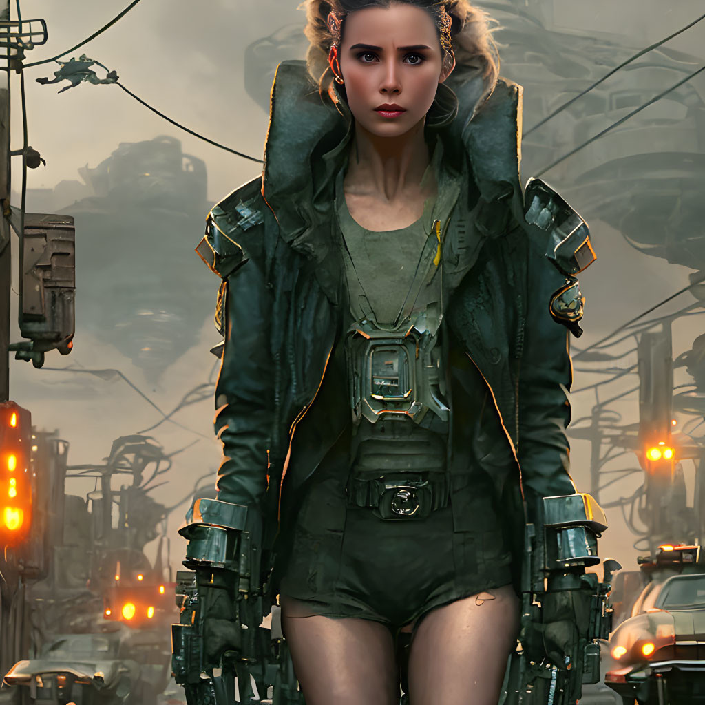 Futuristic armored woman in front of dystopian cityscape with helicopters.