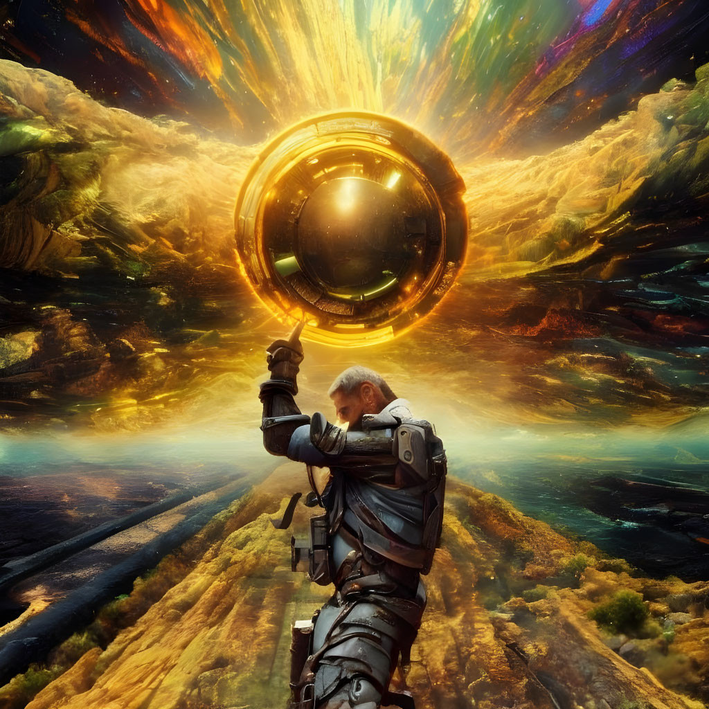 Futuristic armored figure with glowing sphere in celestial setting