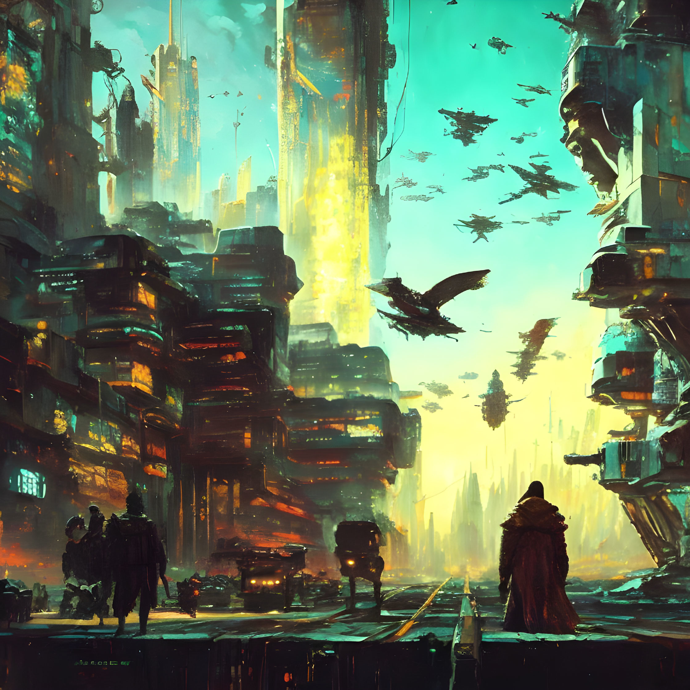 Futuristic cityscape with skyscrapers, flying vehicles, and silhouetted figures.