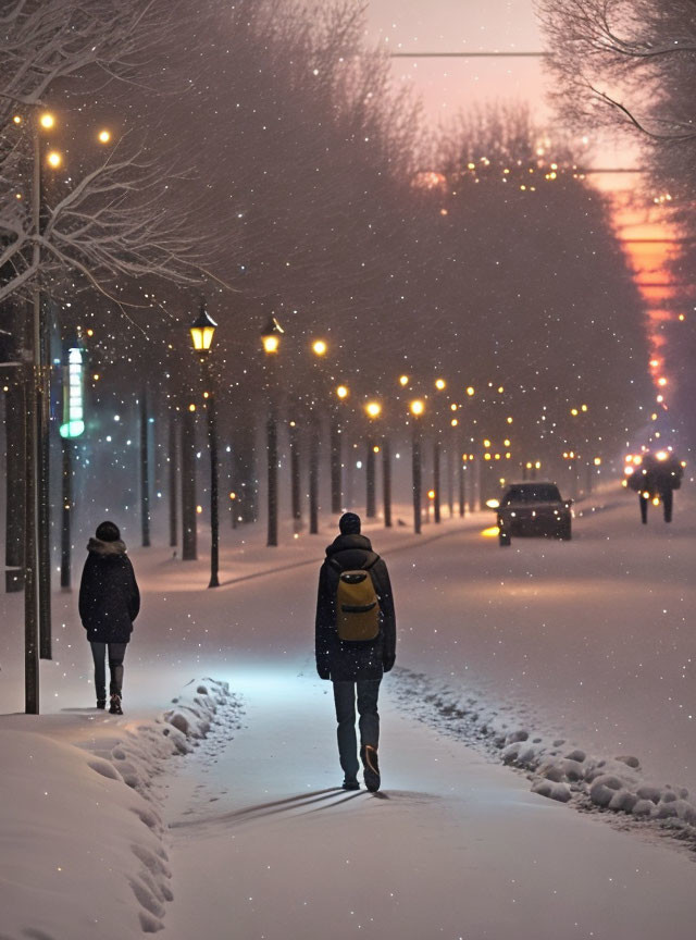 Snowy path with two people under street lamps on serene winter evening