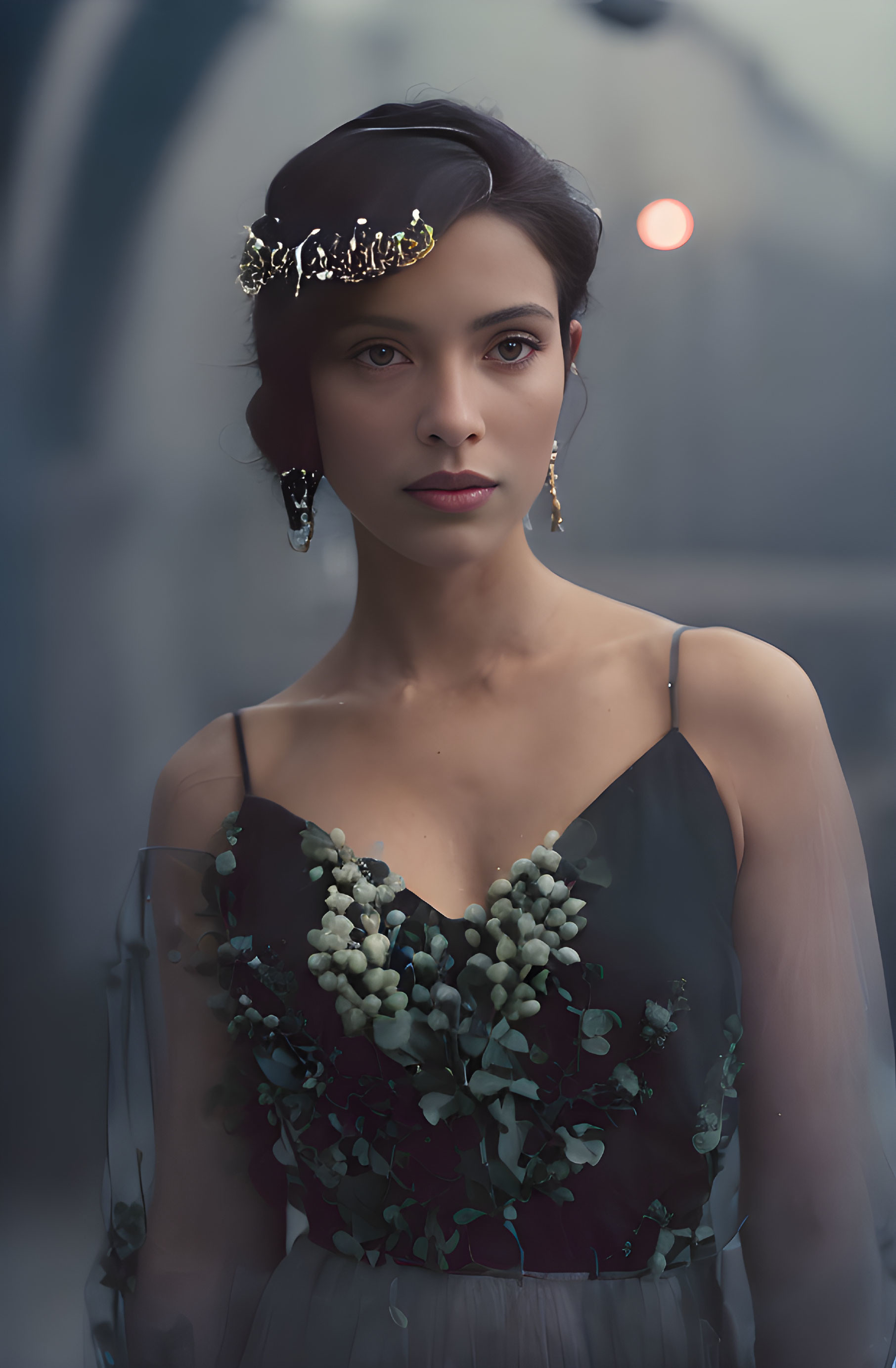 Woman in Dark Floral Dress with Tiara and Earrings in Soft, Warm Light