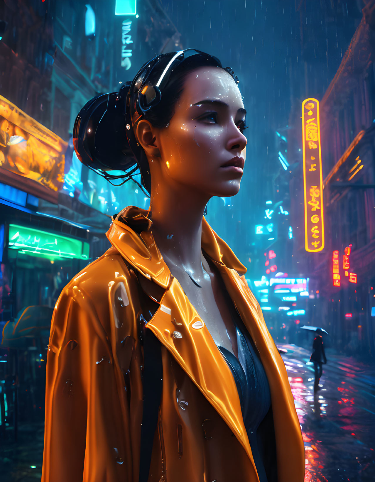 Woman in yellow jacket stands in neon-lit rainy street