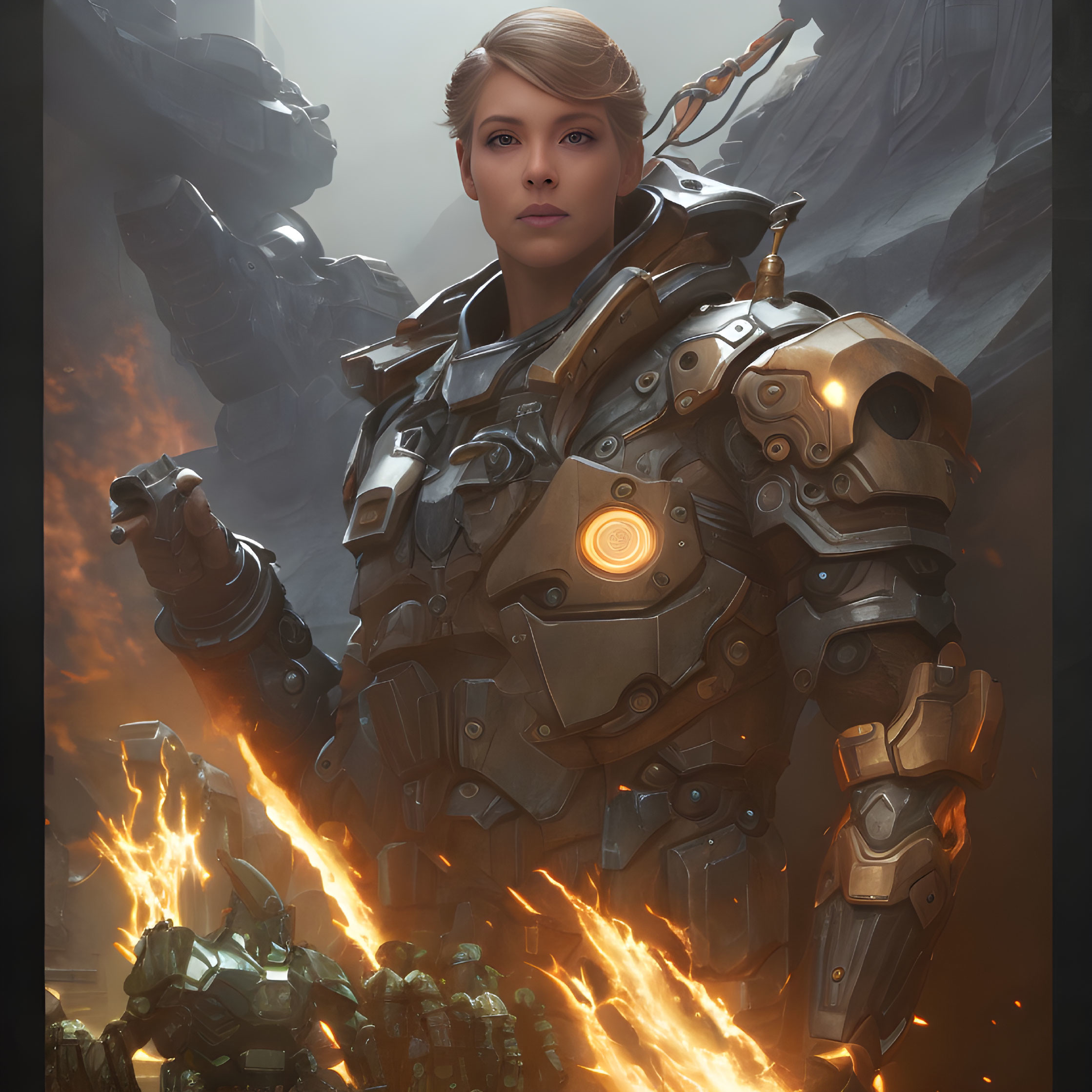 Futuristic armored person in smoky environment with fiery sparks