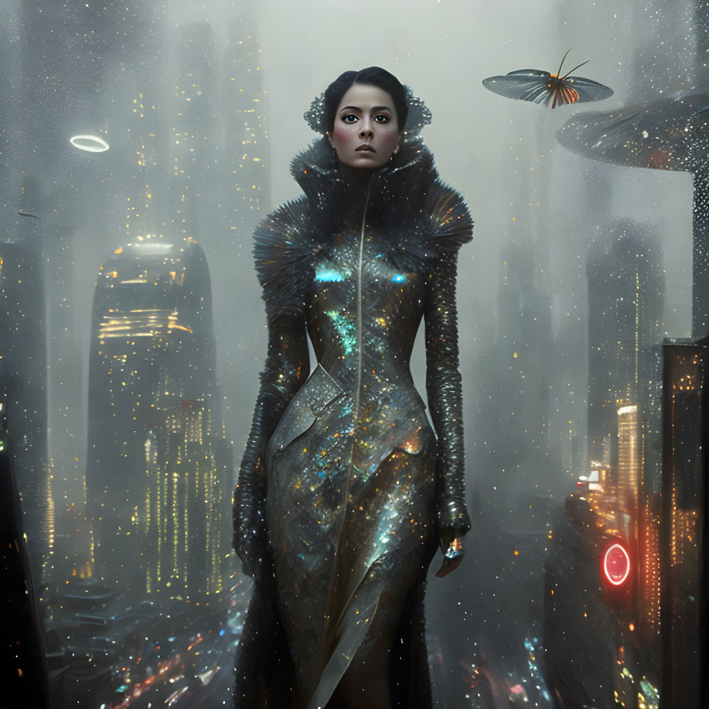 Futuristic woman in misty cityscape with illuminated buildings