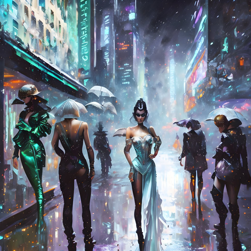 Futuristic individuals in unique attire on neon-lit city street