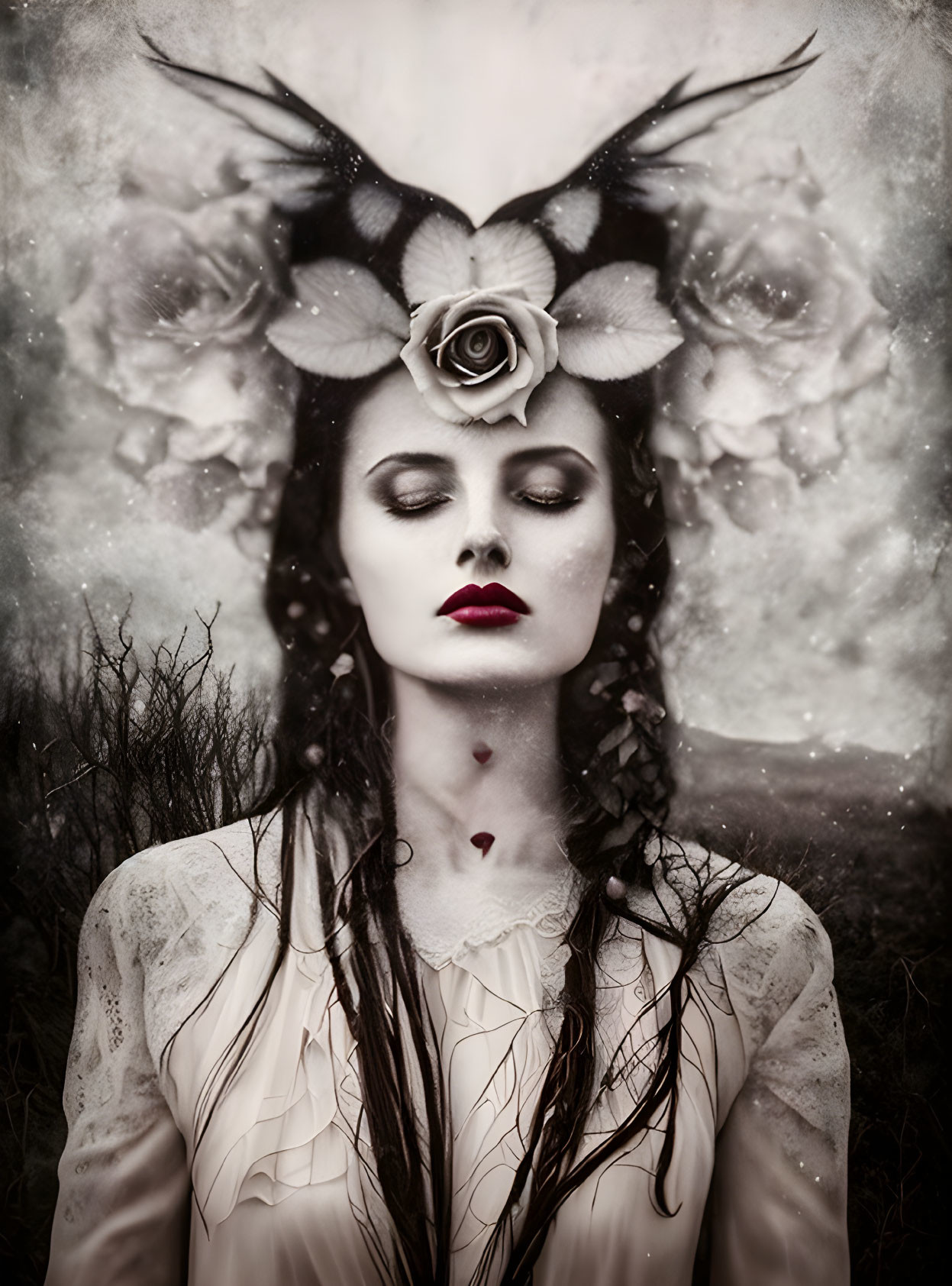 Ethereal woman with gothic makeup in misty backdrop