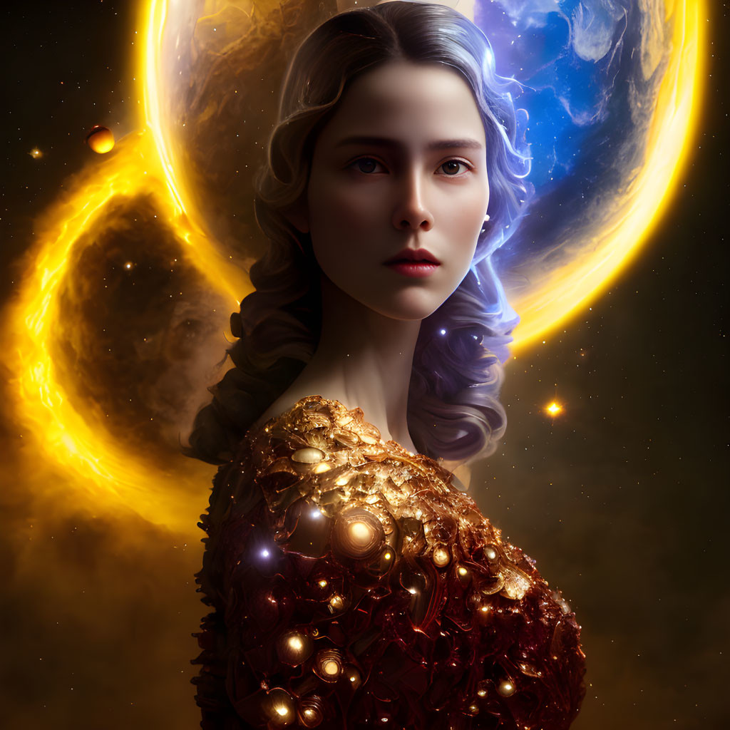 Intricate hairstyle and golden garment against cosmic backdrop