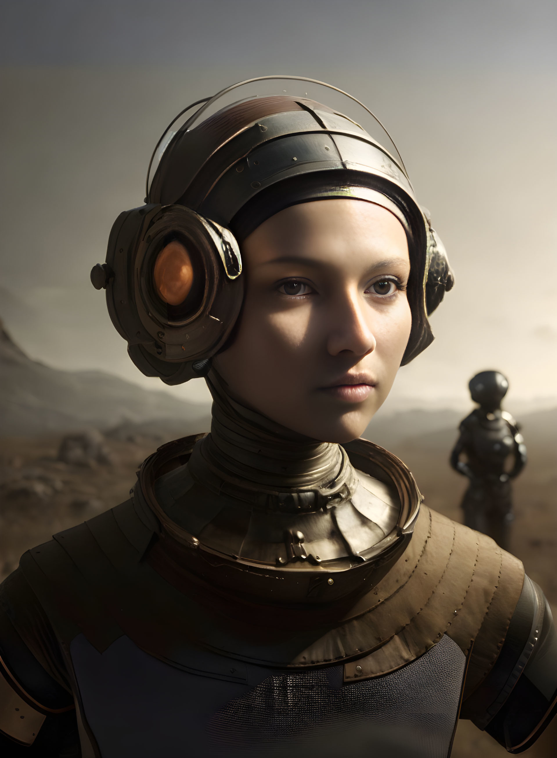 Futuristic helmet and metallic suit in barren landscape