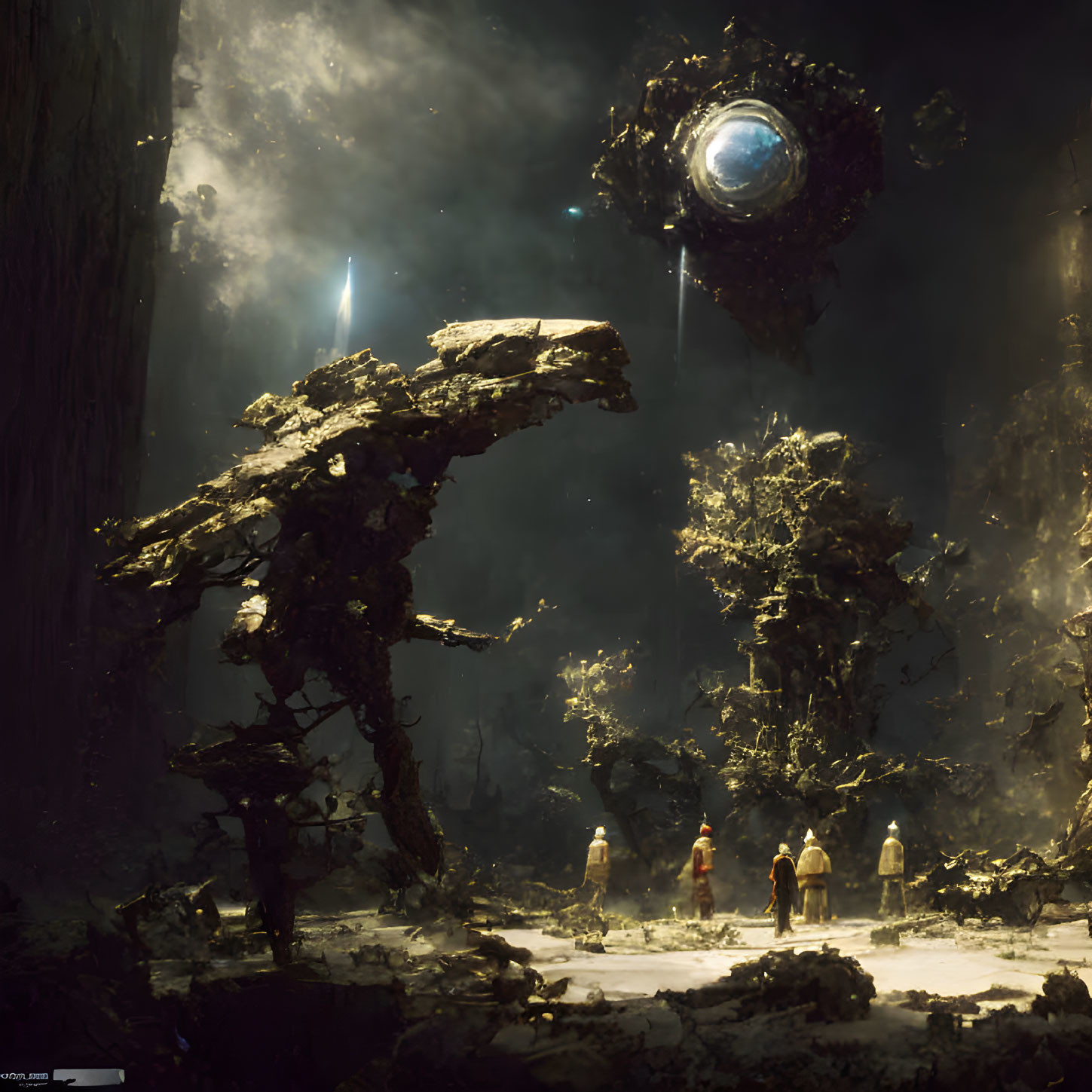 Robed Figures Confront Giant Golem in Misty Forest Chamber