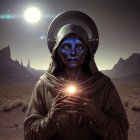 Blue-skinned figure in space helmet with glowing orb against starry desert backdrop