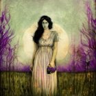 Dark-haired woman in fantasy meadow with dark rose, full moon, and flying birds