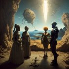 Women in historical dresses and figure in space suit view comet in surreal landscape