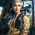 Blonde woman in golden pilot's jacket in cockpit scene.