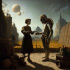 Woman in early 20th-century clothing gives book to astronaut on alien planet with large moons, ruins