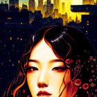 Stylized portrait of a woman against night cityscape and stars