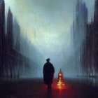 Lonely figure on wet street gazes at futuristic cityscape at night