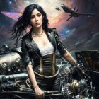 Woman in corset and leather jacket in steampunk setting with plane and machinery