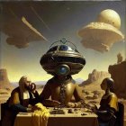 Futuristic scene: Three figures with service robot in desert landscape