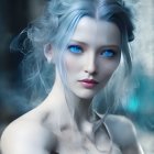 Digital artwork: Pale-skinned woman with blue eyes, silver hair, and crown on blue background