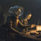 Vintage spacesuit astronaut and woman in historical dress in dark, moody scene