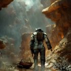 Astronaut on rocky terrain gazes at light through cavern opening