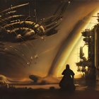 Robed Figure in Futuristic Cityscape at Sunset