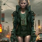 Futuristic armored woman in front of dystopian cityscape with helicopters.