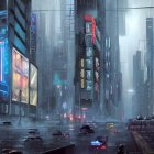 Futuristic cyberpunk cityscape with skyscrapers, neon signs, and retro-futuristic