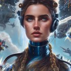 Realistic female android with headset in futuristic setting