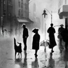 Snowy street scene with people, bird statue, and umbrellas on lamp-lined road