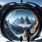 Three astronauts at circular portal in alien landscape