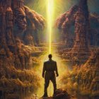 Futuristic astronaut admires radiant light in alien canyon