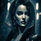 Monochromatic image: Woman with dark hair, hood, earring, rain, and bokeh