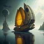 Fantastical ship with yellow sails on calm water under stormy sky and futuristic tower.