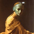 Bald Figure in Futuristic Headphones with Orange Garment