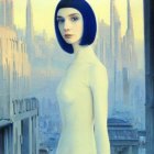 Futuristic portrait of woman with blue hair in cityscape