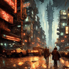 Futuristic dystopian cityscape with two figures under orange sky