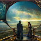 Futuristic gateway with two people overlooking alien cityscape