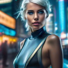 Platinum blonde woman in black leather against vibrant cityscape