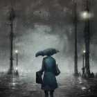 Person with umbrella in rainy dystopian cityscape.