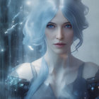 Fantastical Female Figure with Pale Blue Hair and Striking Blue Eyes