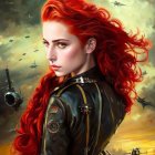 Red-haired woman in military jacket with aircraft and dramatic sky.