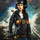 Female pilot in futuristic attire with steampunk goggles, surrounded by starships and cosmic skies